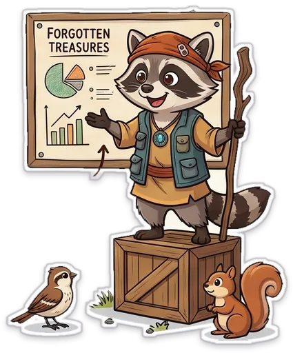 Rummi standing on a wooden crate, pointing at a Forgotten Treasures chart for a sparrow and a squirrel