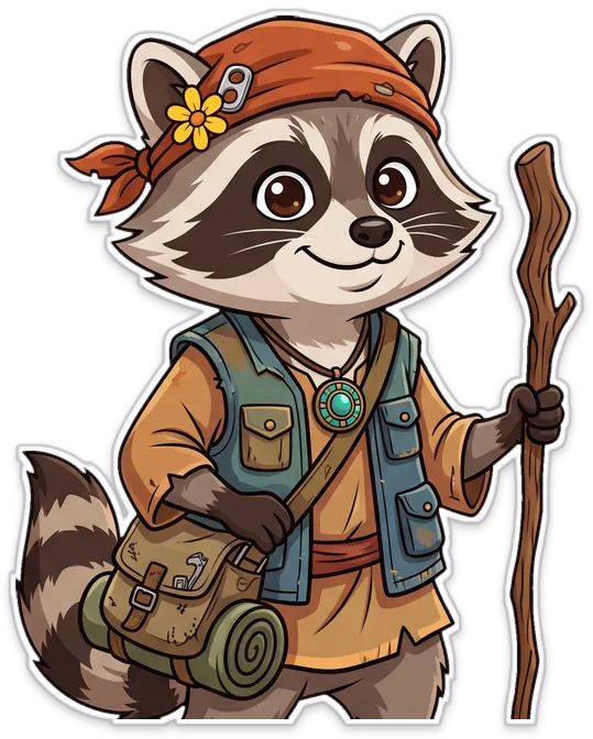 Rummi walking with his wooden staff, in a burnt-orange bandana with a yellow wildflower and a soda tab, a weathered teal vest, a turquoise medallion and a canvas satchel with a rolled sleeping pad