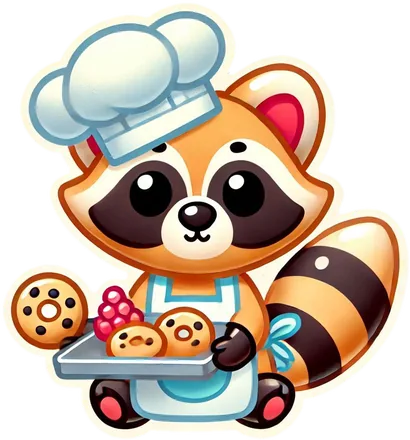 Chef raccoon in a toque holding a tray of cookies