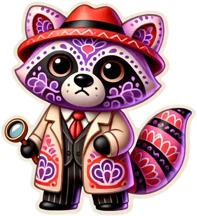 Purple and pink patterned raccoon in a trench coat holding a magnifying glass