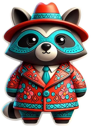 Raccoon with a turquoise mask in a red patterned suit and red hat
