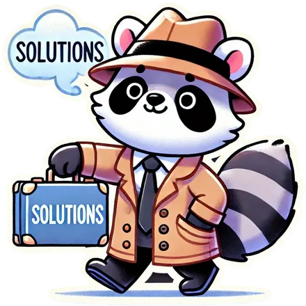 Raccoon in a trench coat carrying a briefcase labelled Solutions