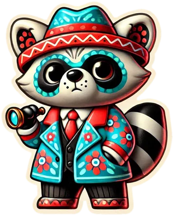 Turquoise-masked raccoon in a red and teal suit holding a small telescope