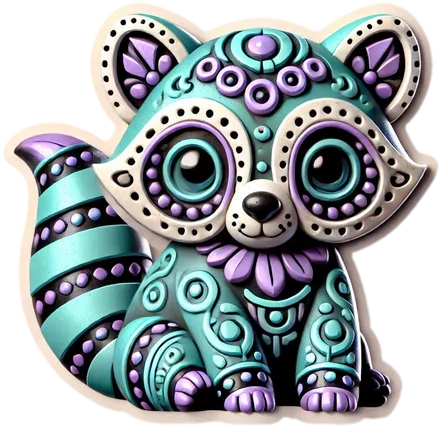 Turquoise sugar-skull raccoon covered in purple folk patterns